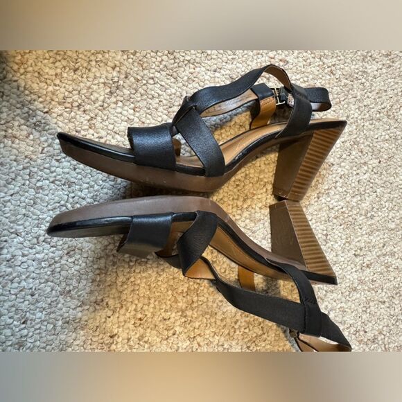 Clarks Black and Brown High Heel Sandals with Leather Straps - Picture 1 of 9